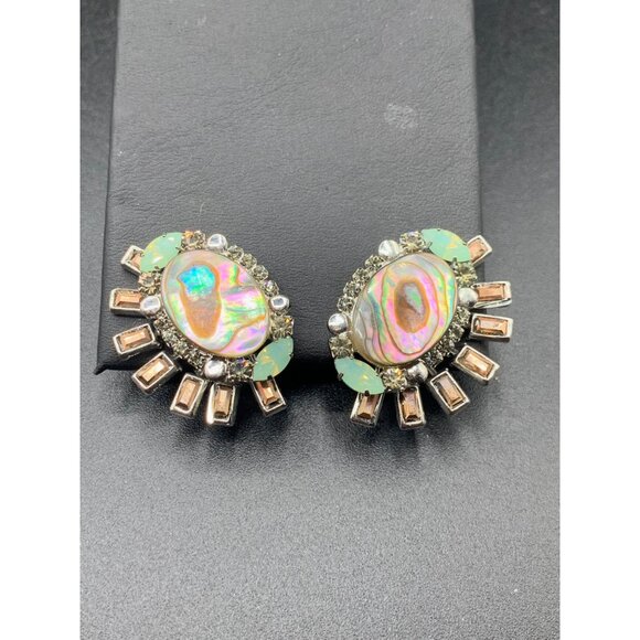 Signed Elizabeth Cole Clip Earrings Mother of Pearl Rhinestones Costume Jewelry - Picture 4 of 6